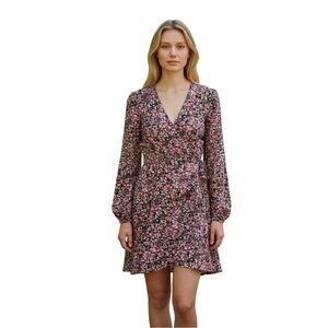 Lush Floral Wrap Dress V-neckline, Tie Waist, Long Sleeve, Purple/Black, Size XS